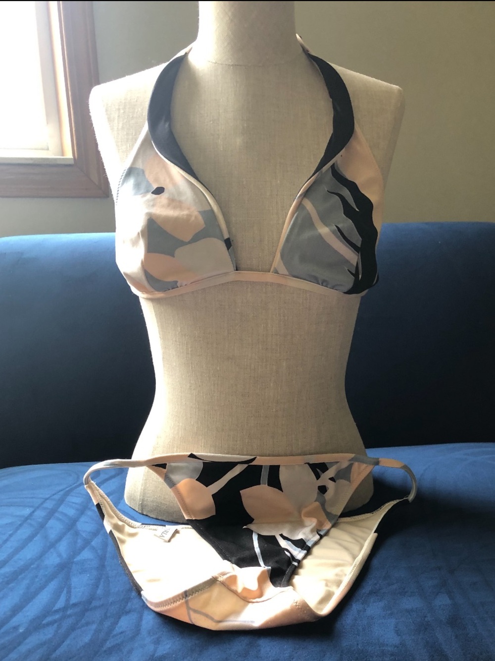 La Perla Peach, Black & Gray Floral Halter Bikini Set